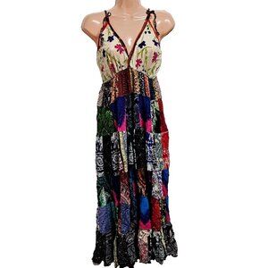 Artsy Boho Patchwork Midi Dress Women One Size Home made Multicolor Multipattern